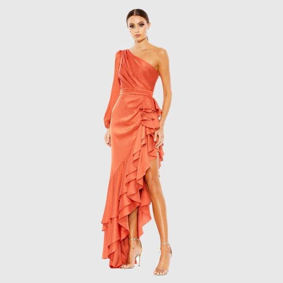 NWT Mac Duggal One Sleeve Cut Out Asymmetrical Ruffled Gown 6 Orange #8127 - Picture 1 of 8